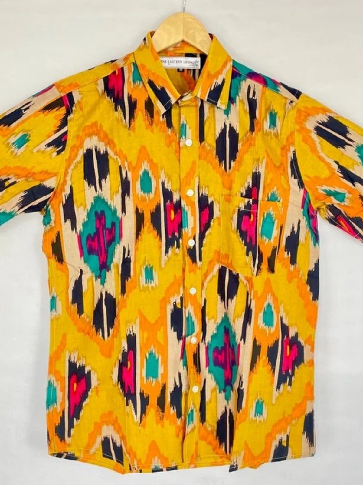 Men's Shirt Pure Cotton Handblock Print | Summer Cool Casual Beach Wear, Comfortable Garden Picnic Urban Man Dad Gift | Yellow Mustard Ikat