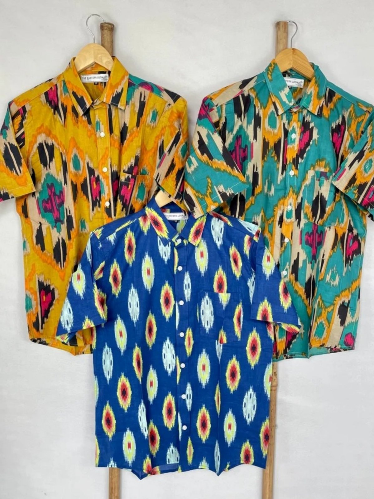 Men's Shirt Pure Cotton Handblock Print | Summer Cool Casual Beach Wear, Comfortable Garden Picnic Urban Man Dad Gift | Yellow Mustard Ikat