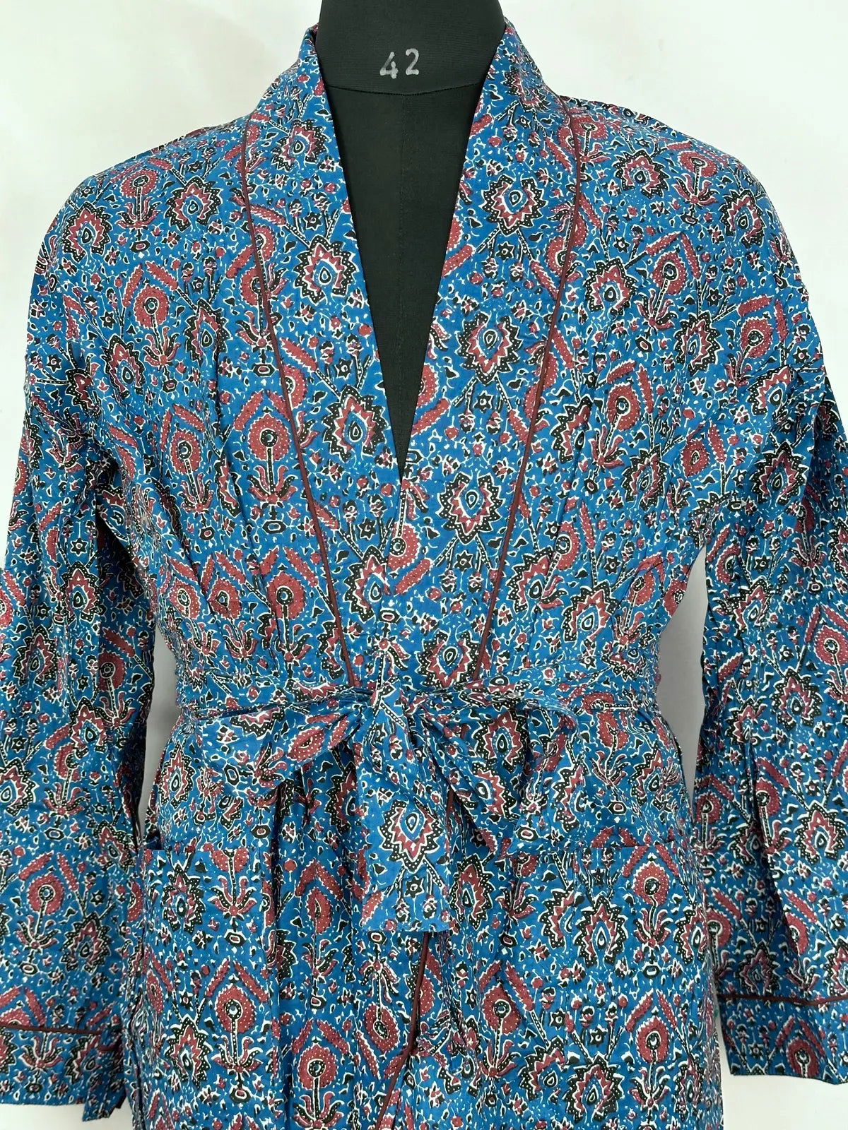 Men's Cotton Handprinted House Robe Kimono Blue Persian Bloom