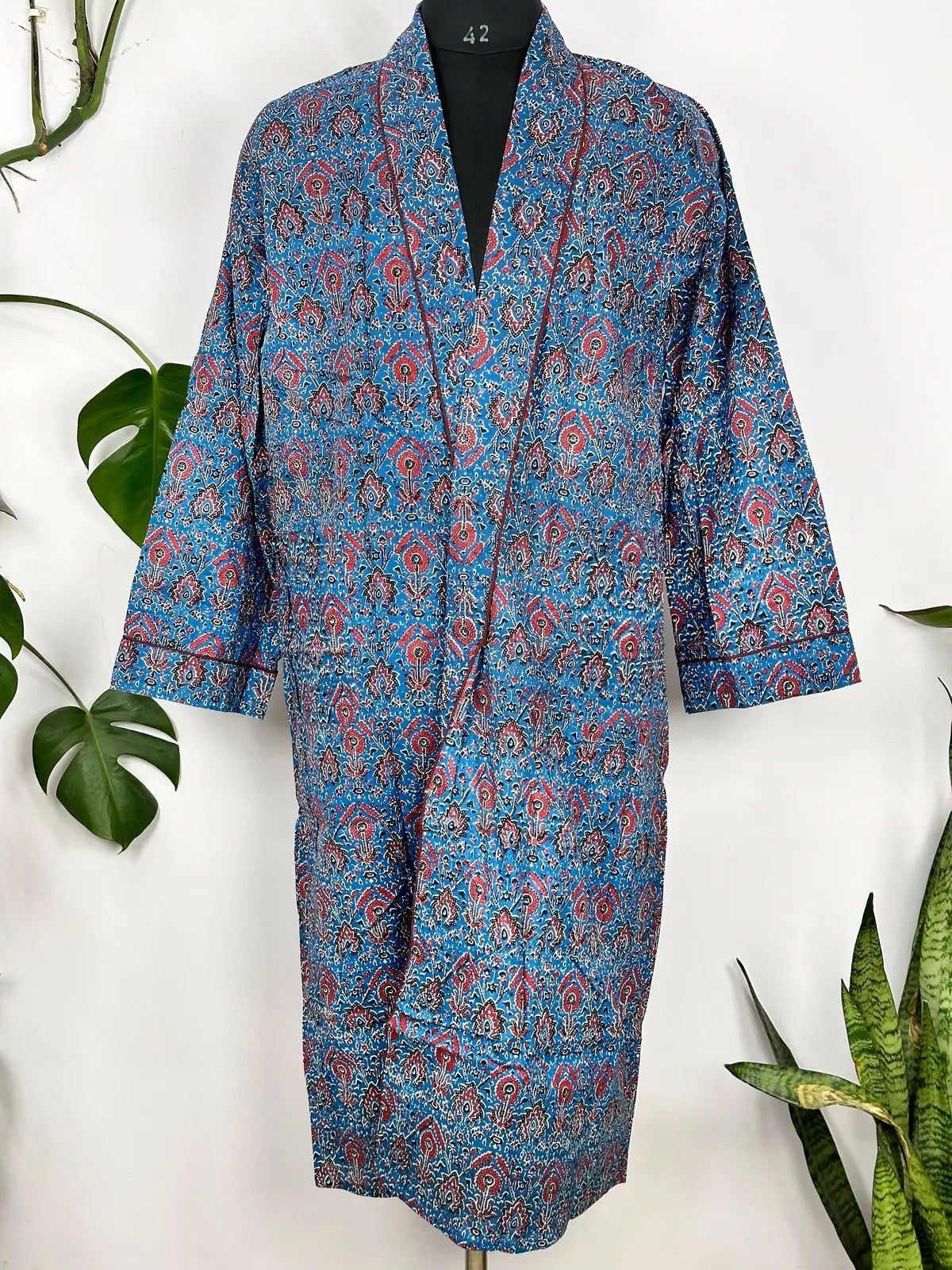 Men's Cotton Handprinted House Robe Kimono Blue Persian Bloom