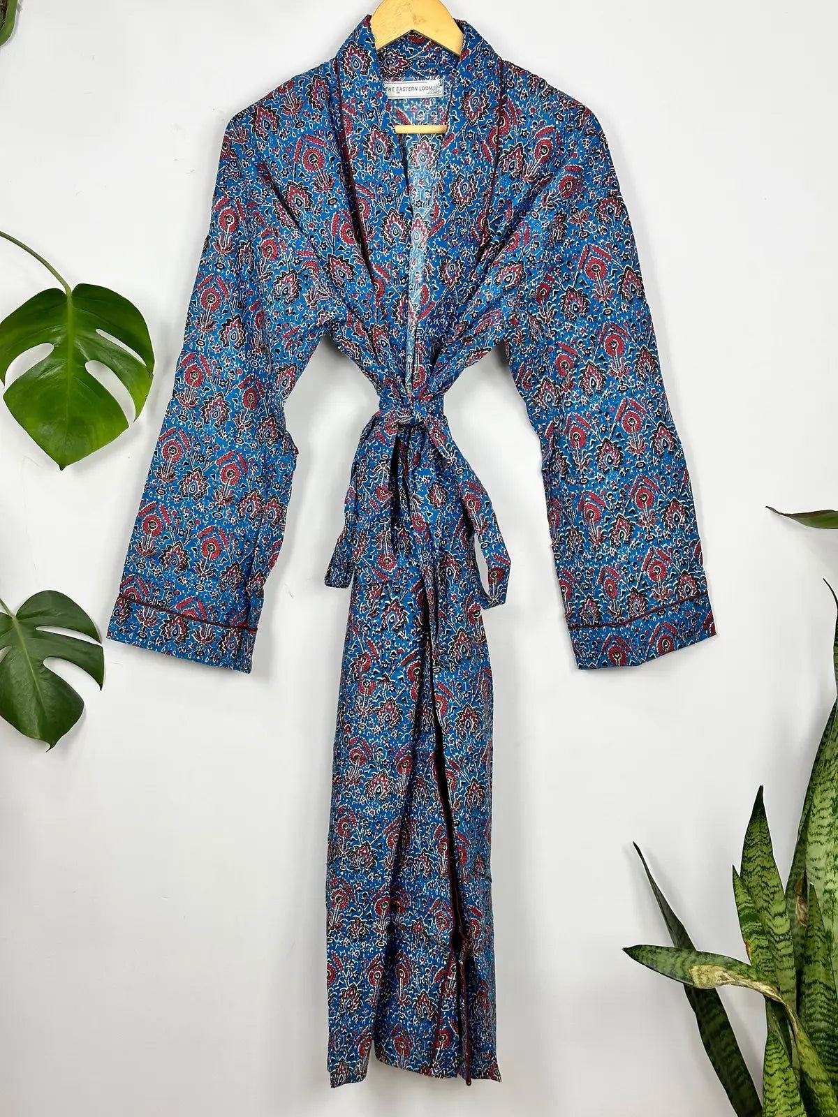 Men's Cotton Handprinted House Robe Kimono Blue Persian Bloom