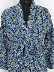 Men's Cotton Handprinted House Robe Kimono Indigo Botanical Bloom