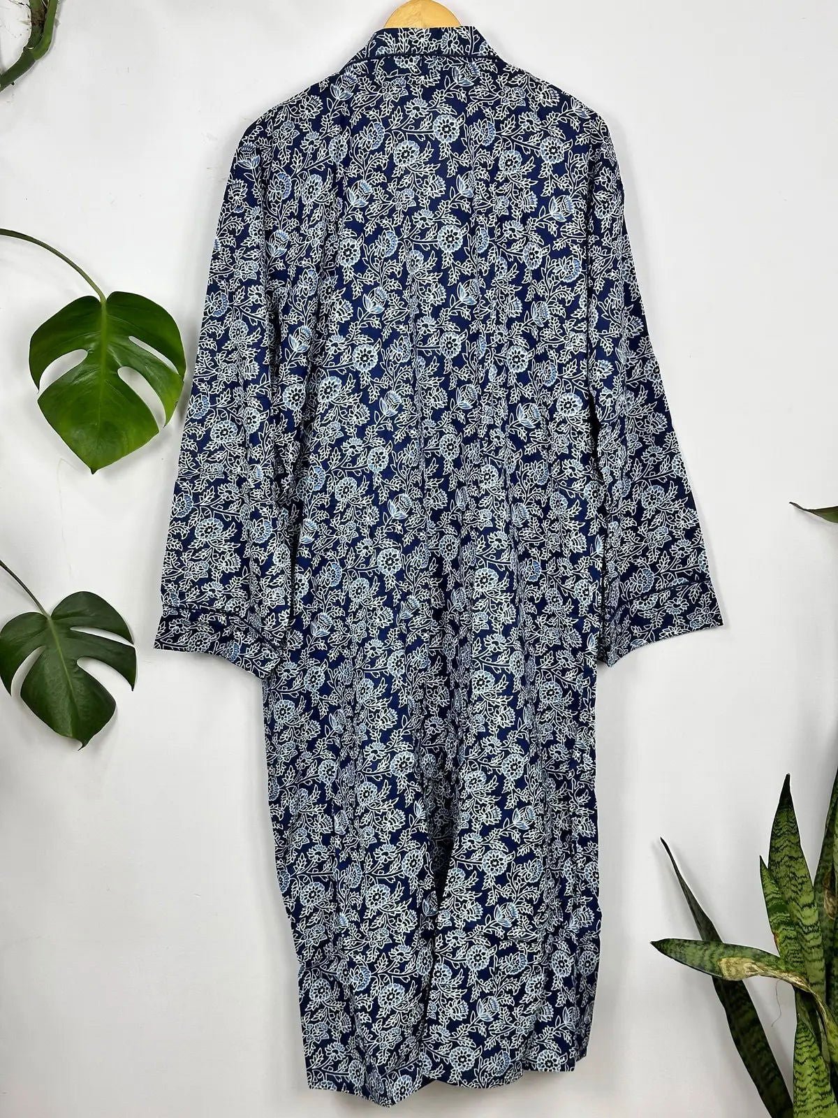 Men's Cotton Handprinted House Robe Kimono Indigo Botanical Bloom