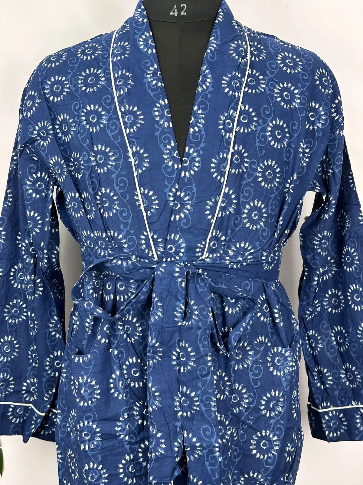 Men's Cotton Handprinted House Robe Kimono Indigo Floral Mughal Bloom