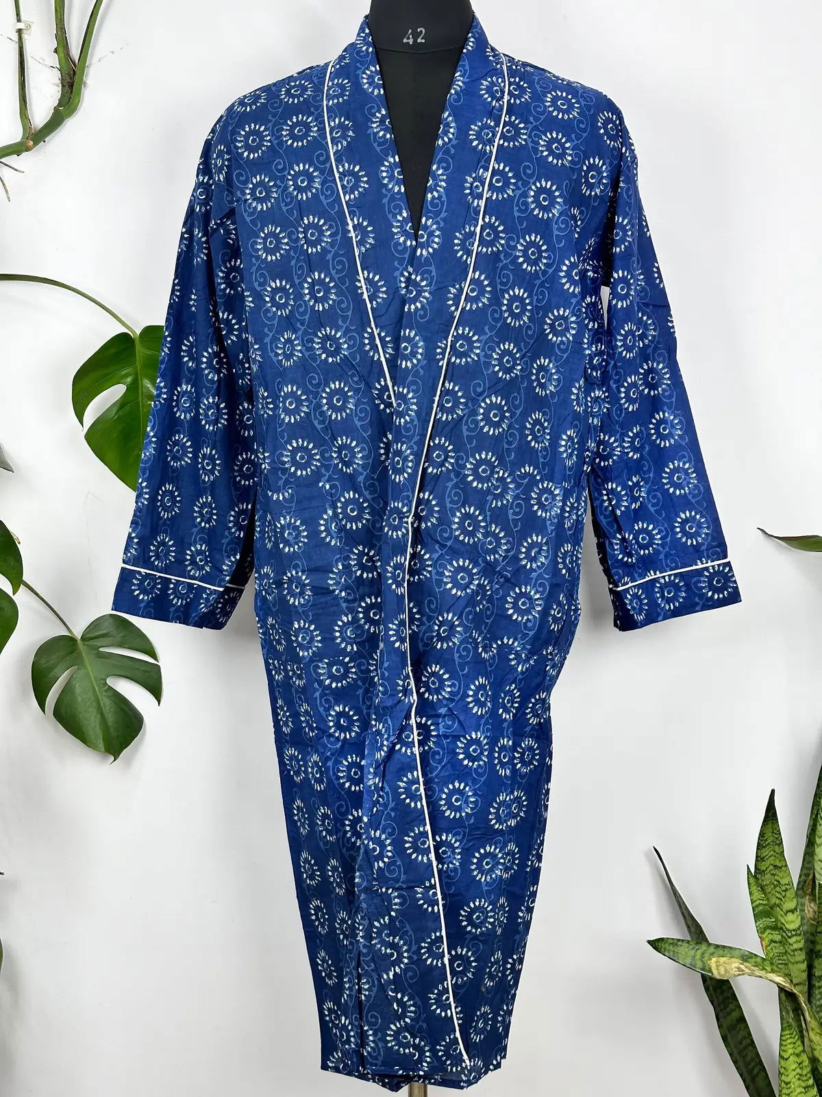 Men's Cotton Handprinted House Robe Kimono Indigo Floral Mughal Bloom