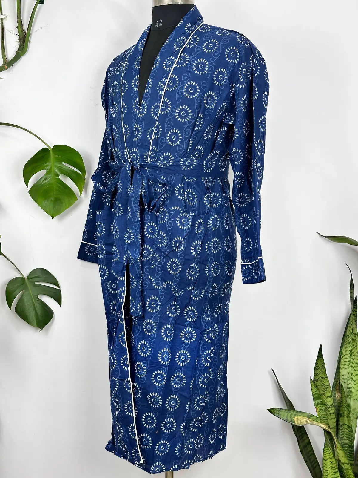 Men's Cotton Handprinted House Robe Kimono Indigo Floral Mughal Bloom