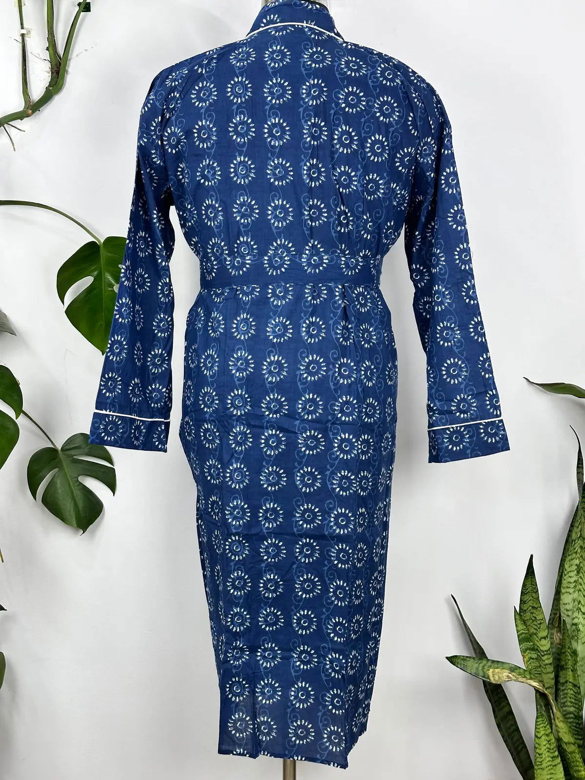 Men's Cotton Handprinted House Robe Kimono Indigo Floral Mughal Bloom