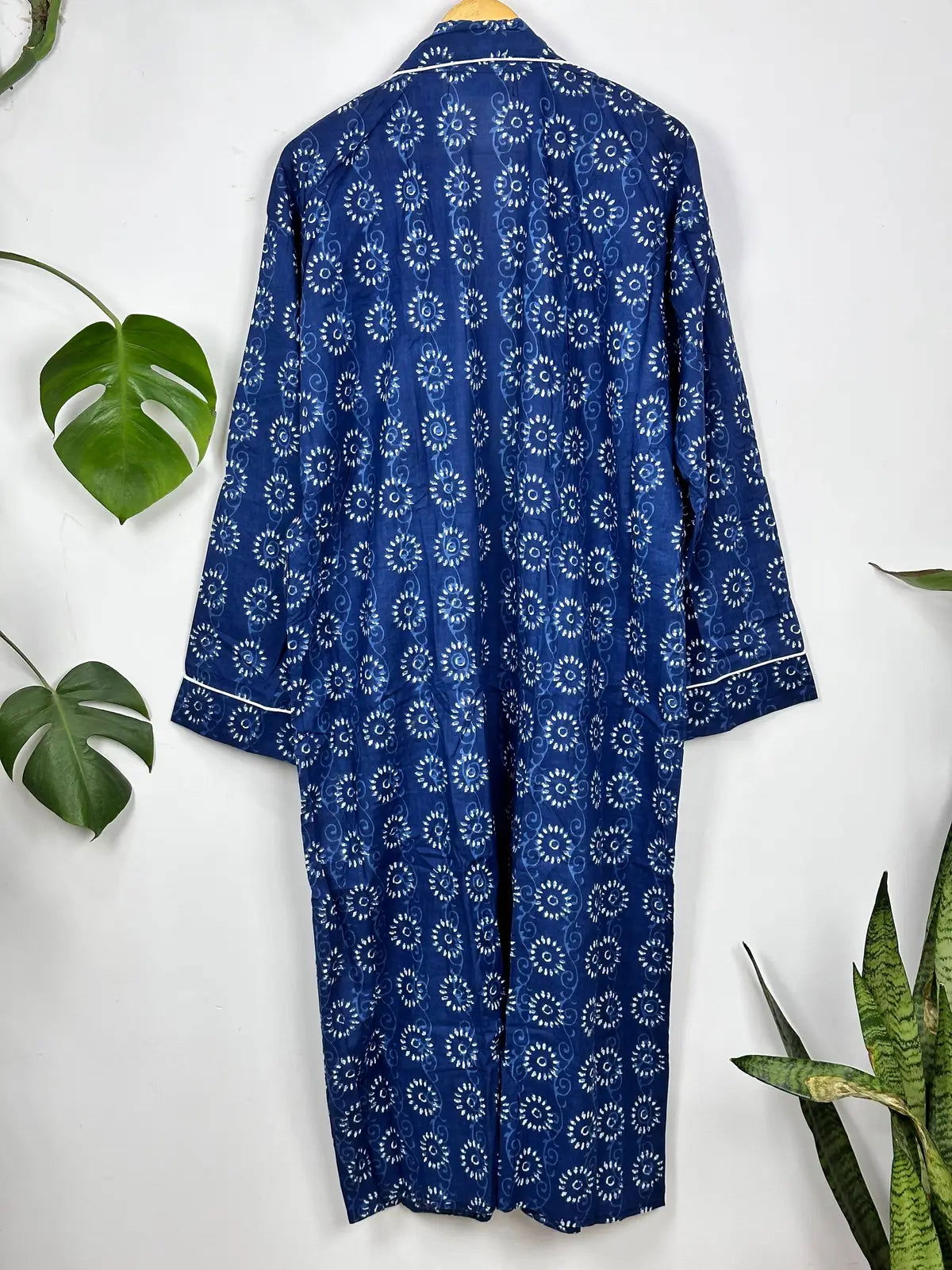Men's Cotton Handprinted House Robe Kimono Indigo Floral Mughal Bloom