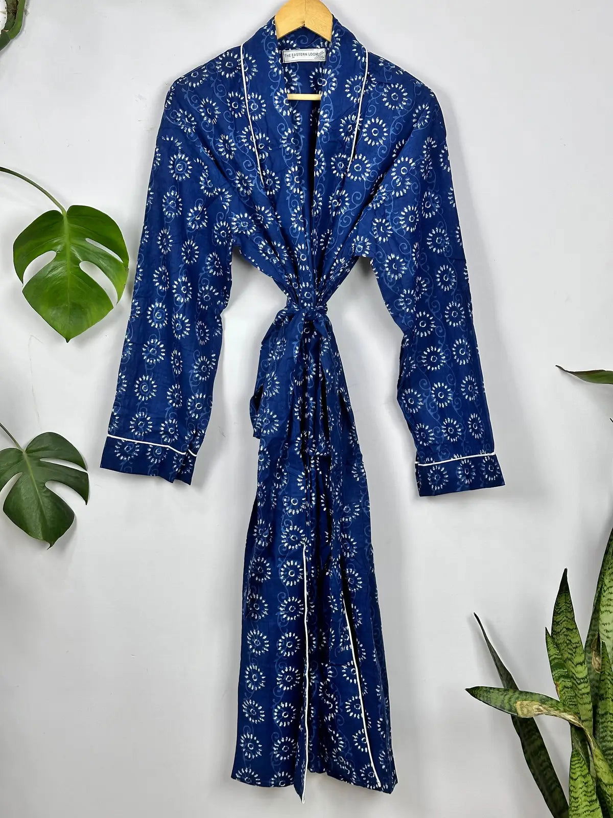 Men's Cotton Handprinted House Robe Kimono Indigo Floral Mughal Bloom