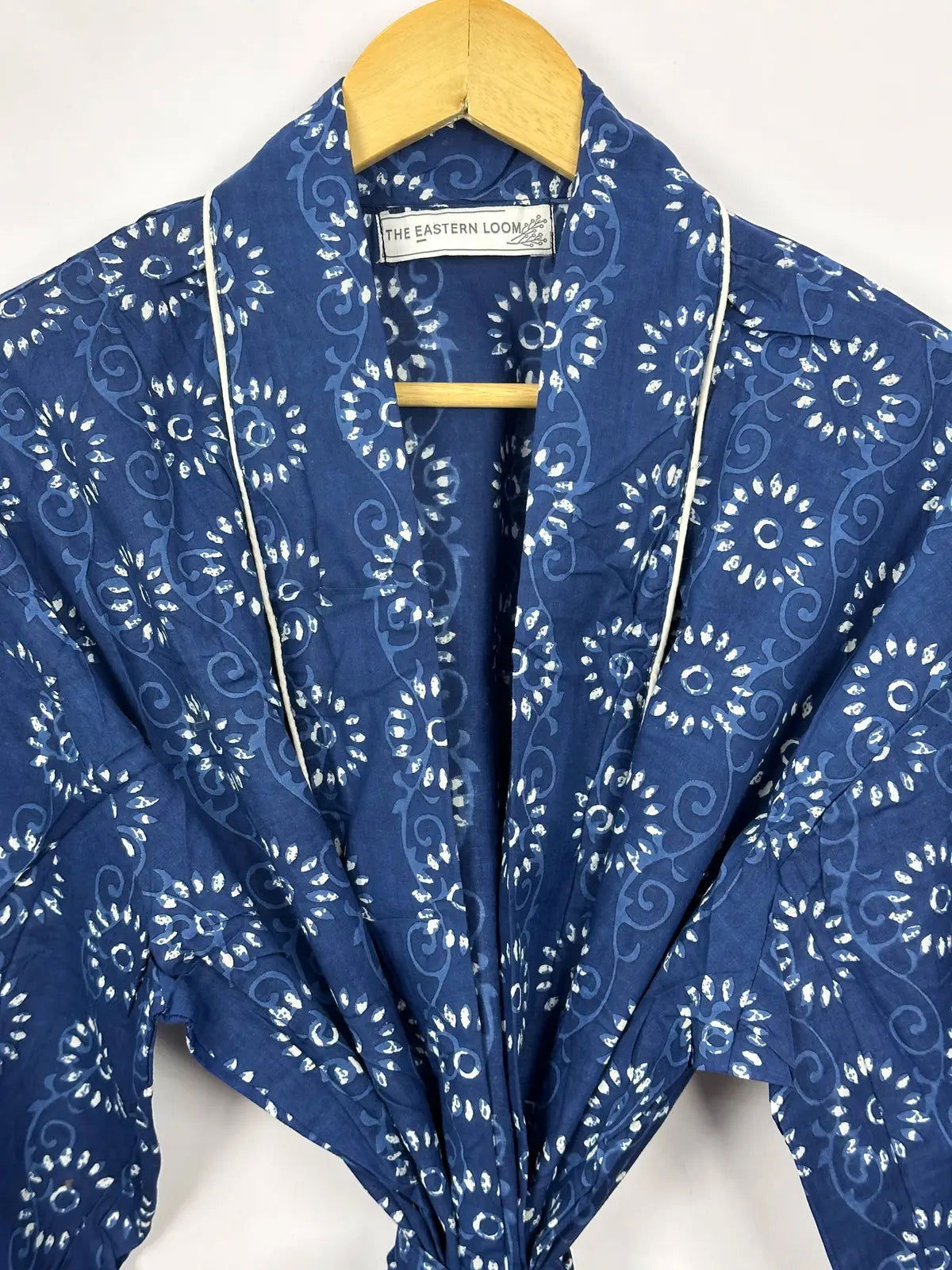 Men's Cotton Handprinted House Robe Kimono Indigo Floral Mughal Bloom