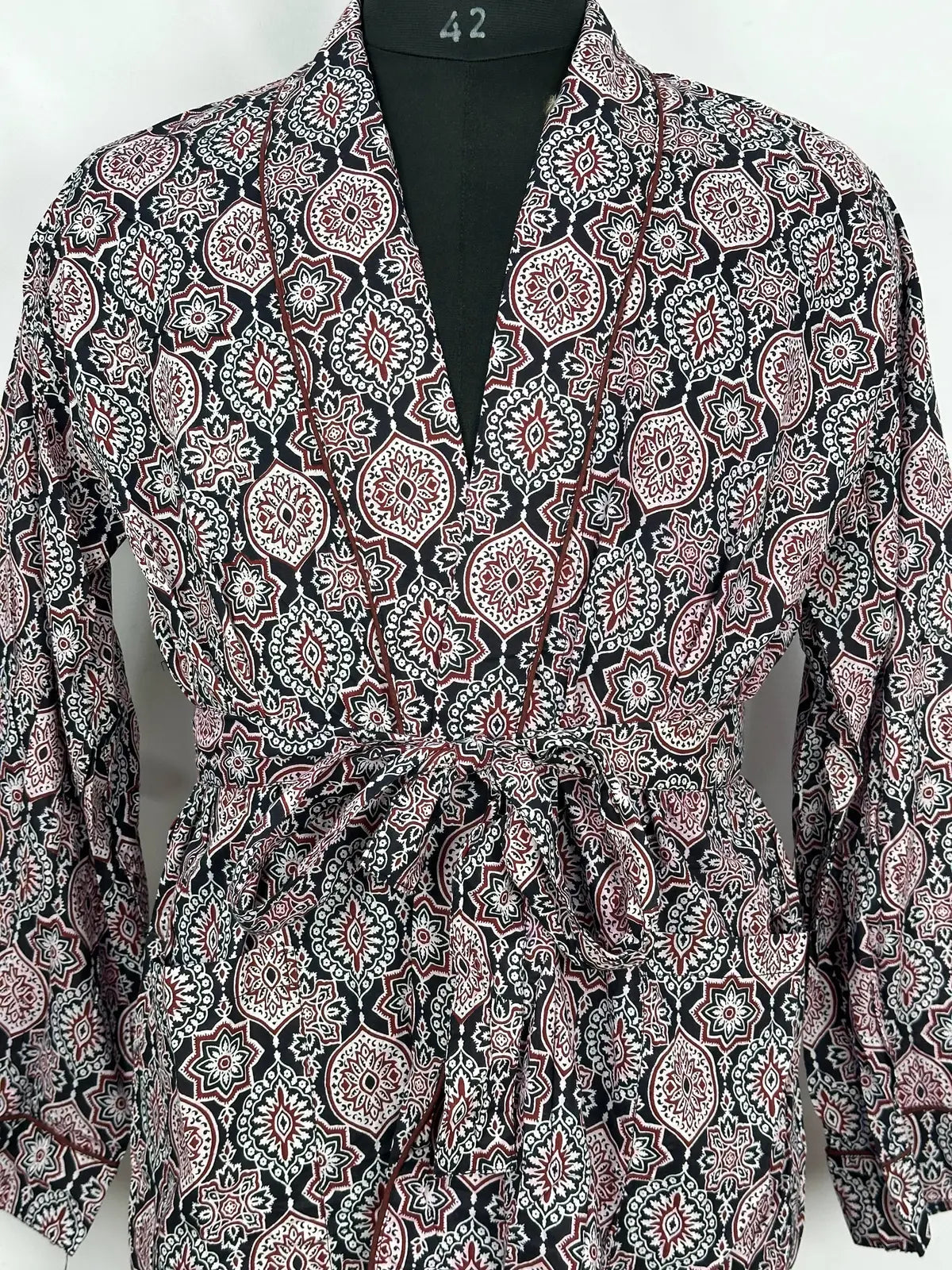 Men's Cotton Handprinted House Robe Kimono Maroon Mandala