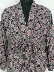 Men's Cotton Handprinted House Robe Kimono Maroon Mandala