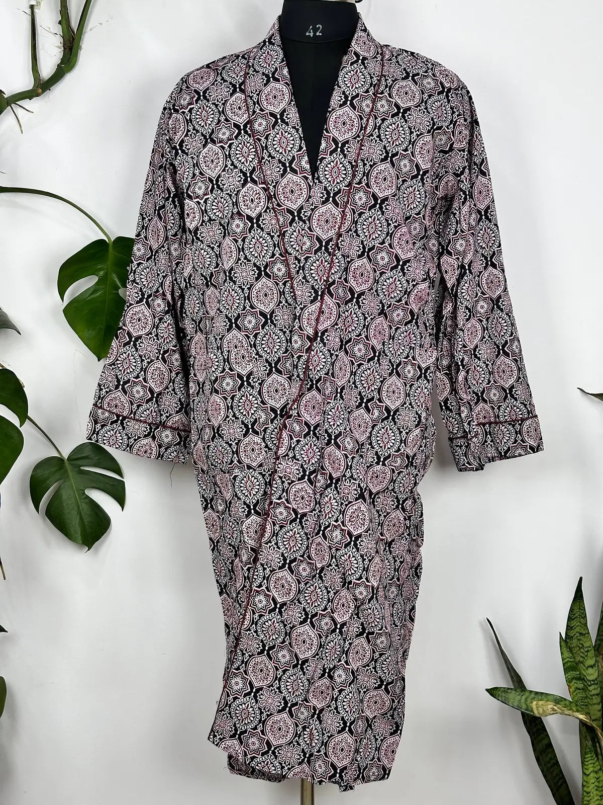 Men's Cotton Handprinted House Robe Kimono Maroon Mandala