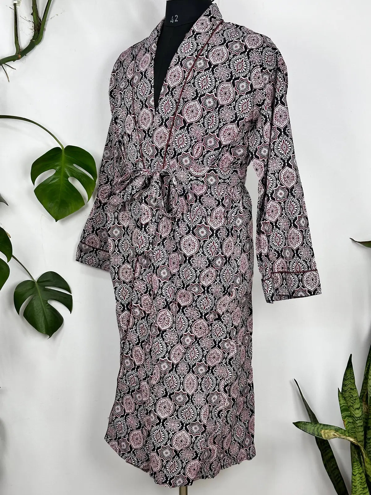 Men's Cotton Handprinted House Robe Kimono Maroon Mandala