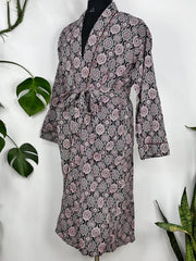 Men's Cotton Handprinted House Robe Kimono Maroon Mandala