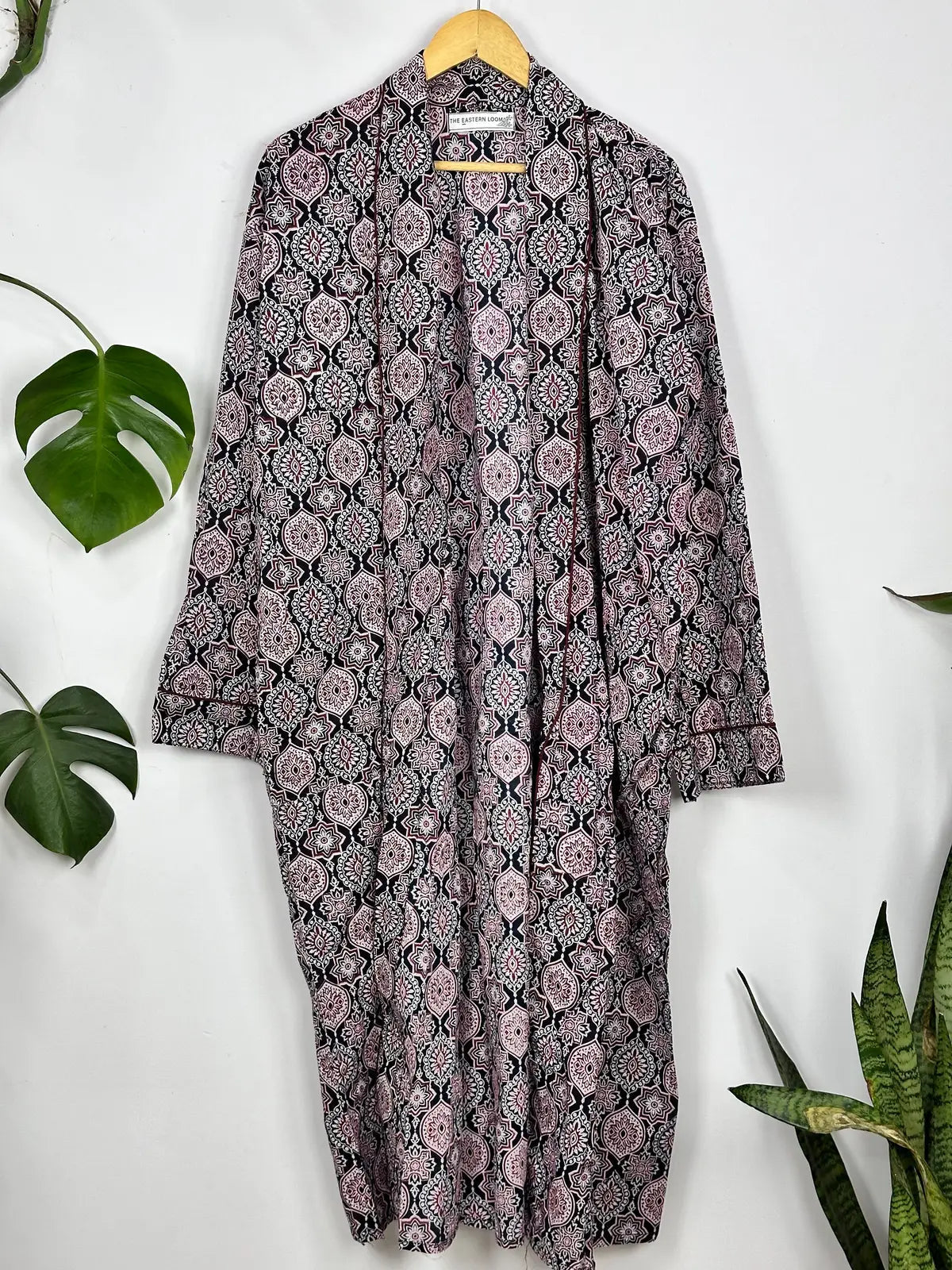 Men's Cotton Handprinted House Robe Kimono Maroon Mandala