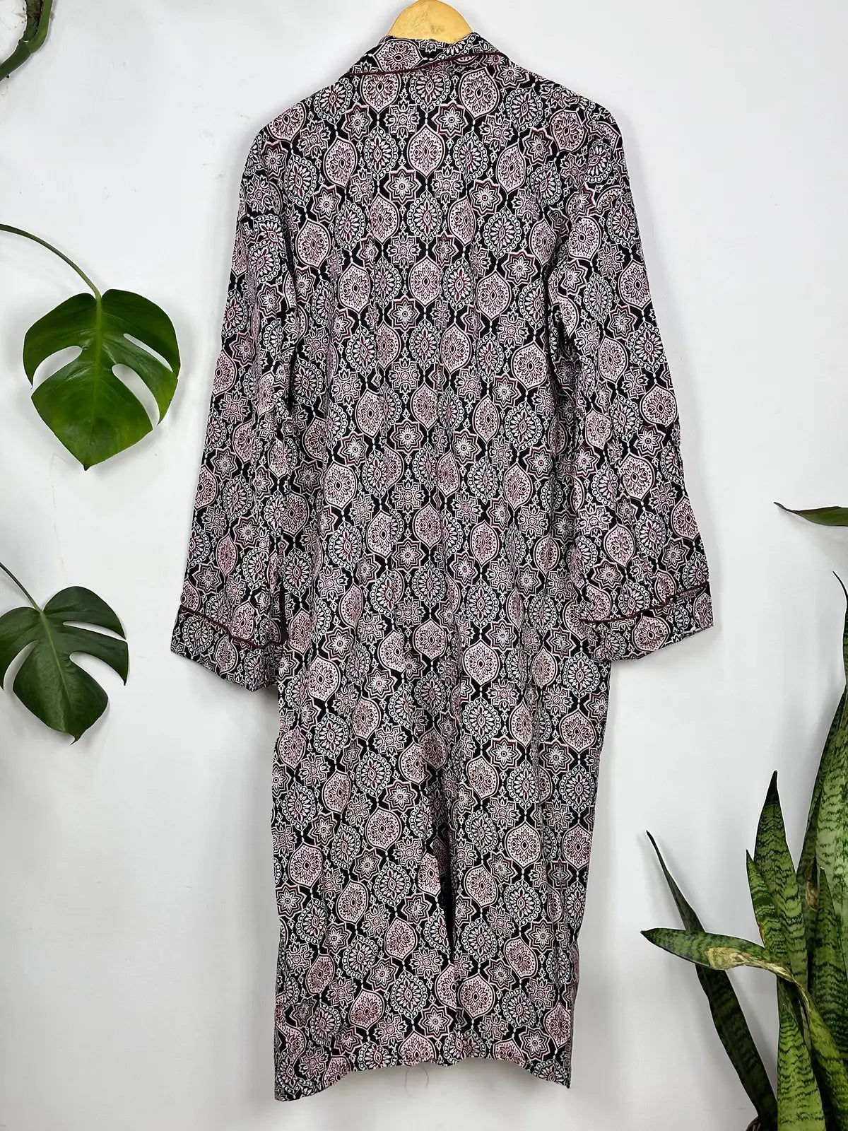 Men's Cotton Handprinted House Robe Kimono Maroon Mandala