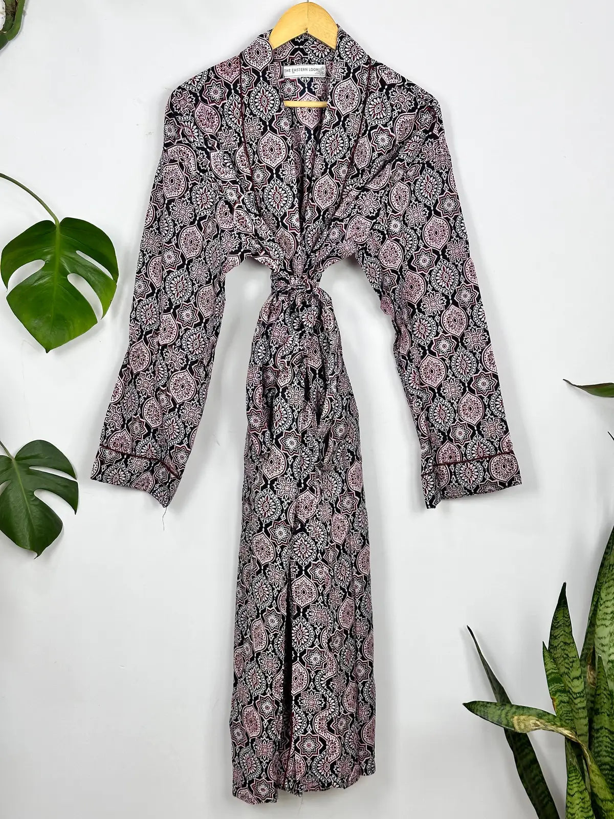 Men's Cotton Handprinted House Robe Kimono Maroon Mandala