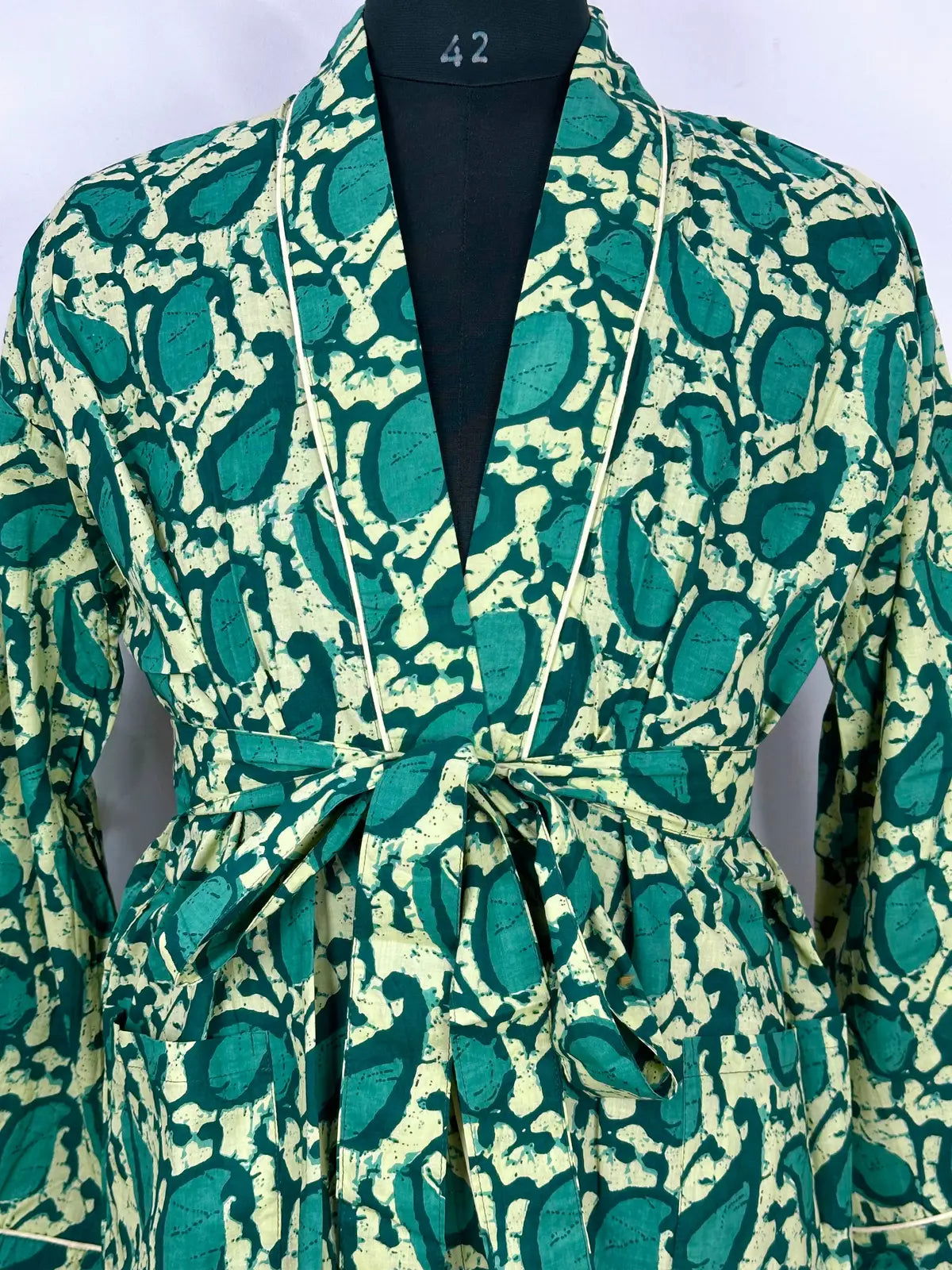 Men's Cotton Handprinted House Robe Kimono Sea Green Paisley