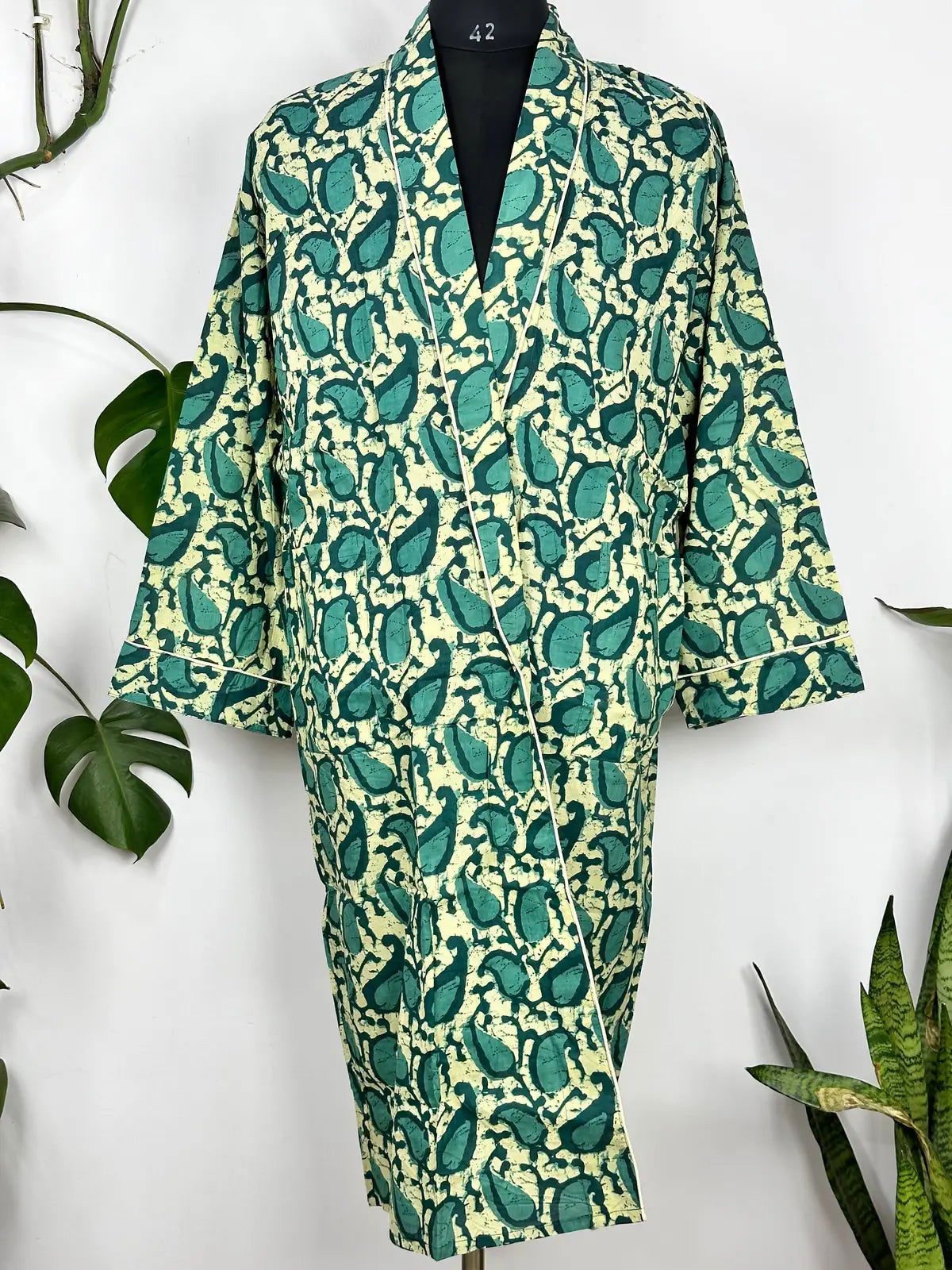 Men's Cotton Handprinted House Robe Kimono Sea Green Paisley