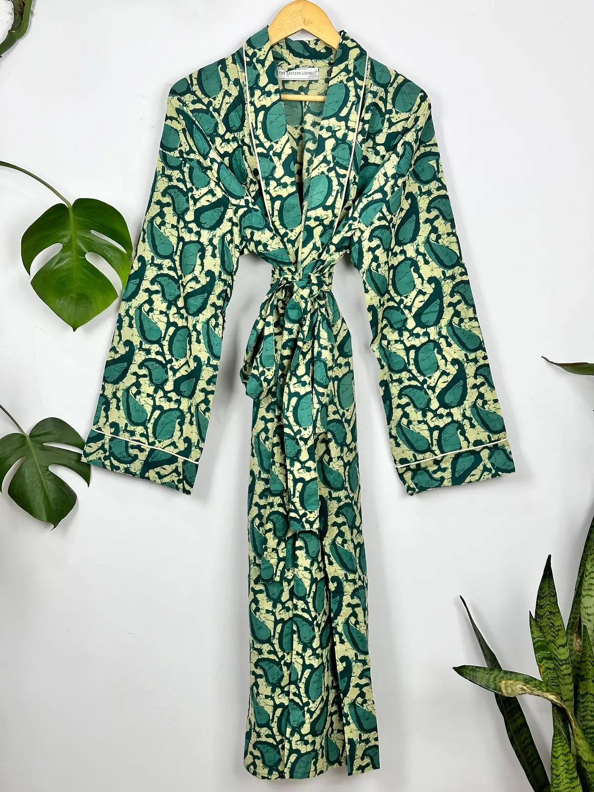 Men's Cotton Handprinted House Robe Kimono Sea Green Paisley