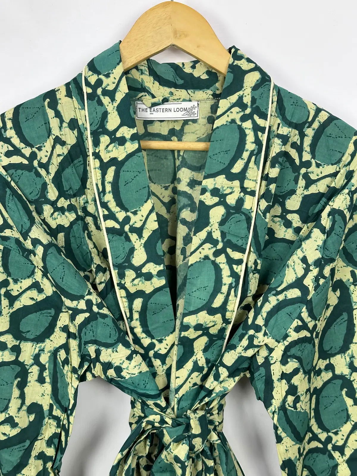 Men's Cotton Handprinted House Robe Kimono Sea Green Paisley