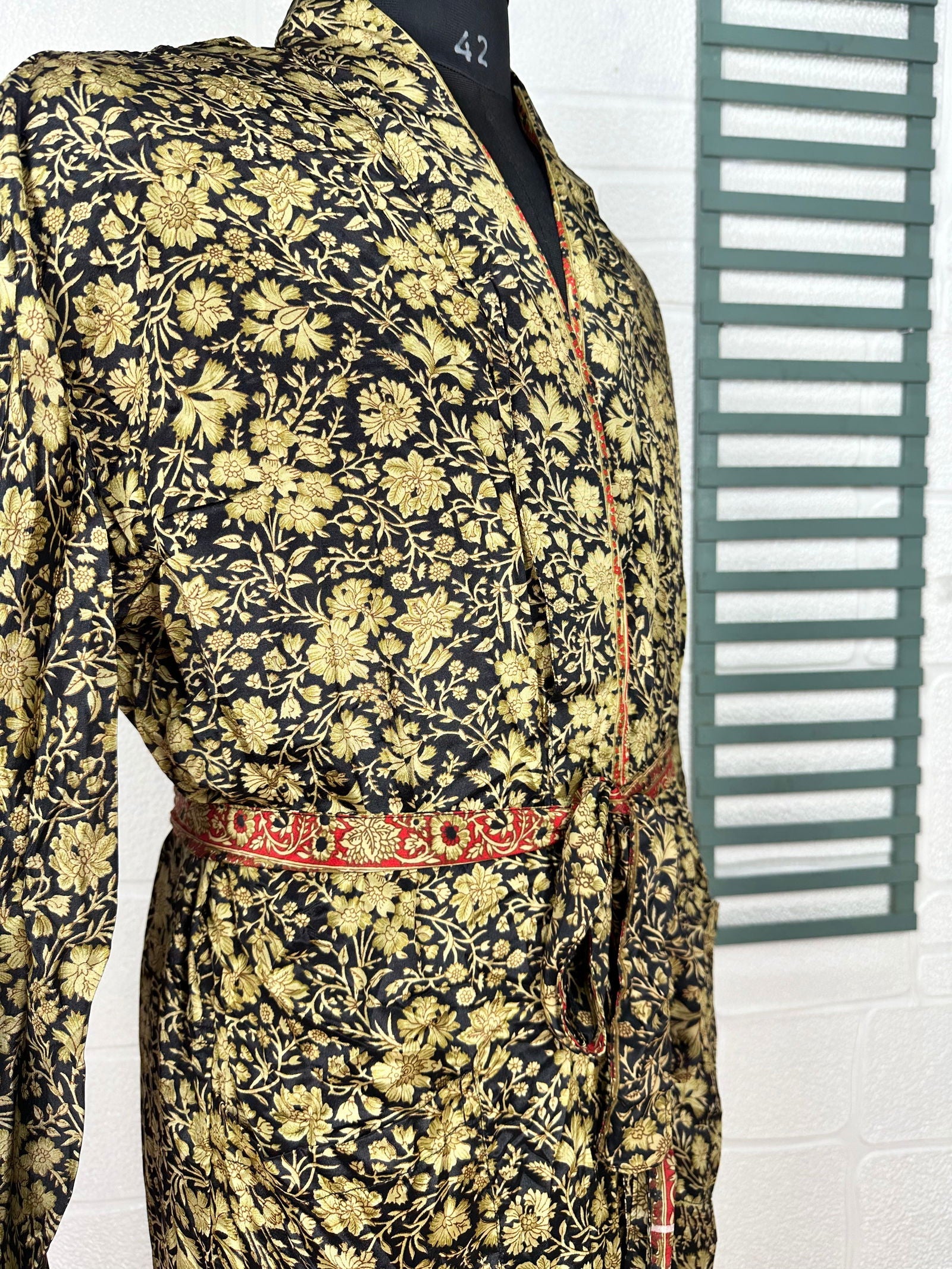 Men's Soft Silk Boho Persian House Robe Kimono Luxurious Black Gold Florals | Bestseller