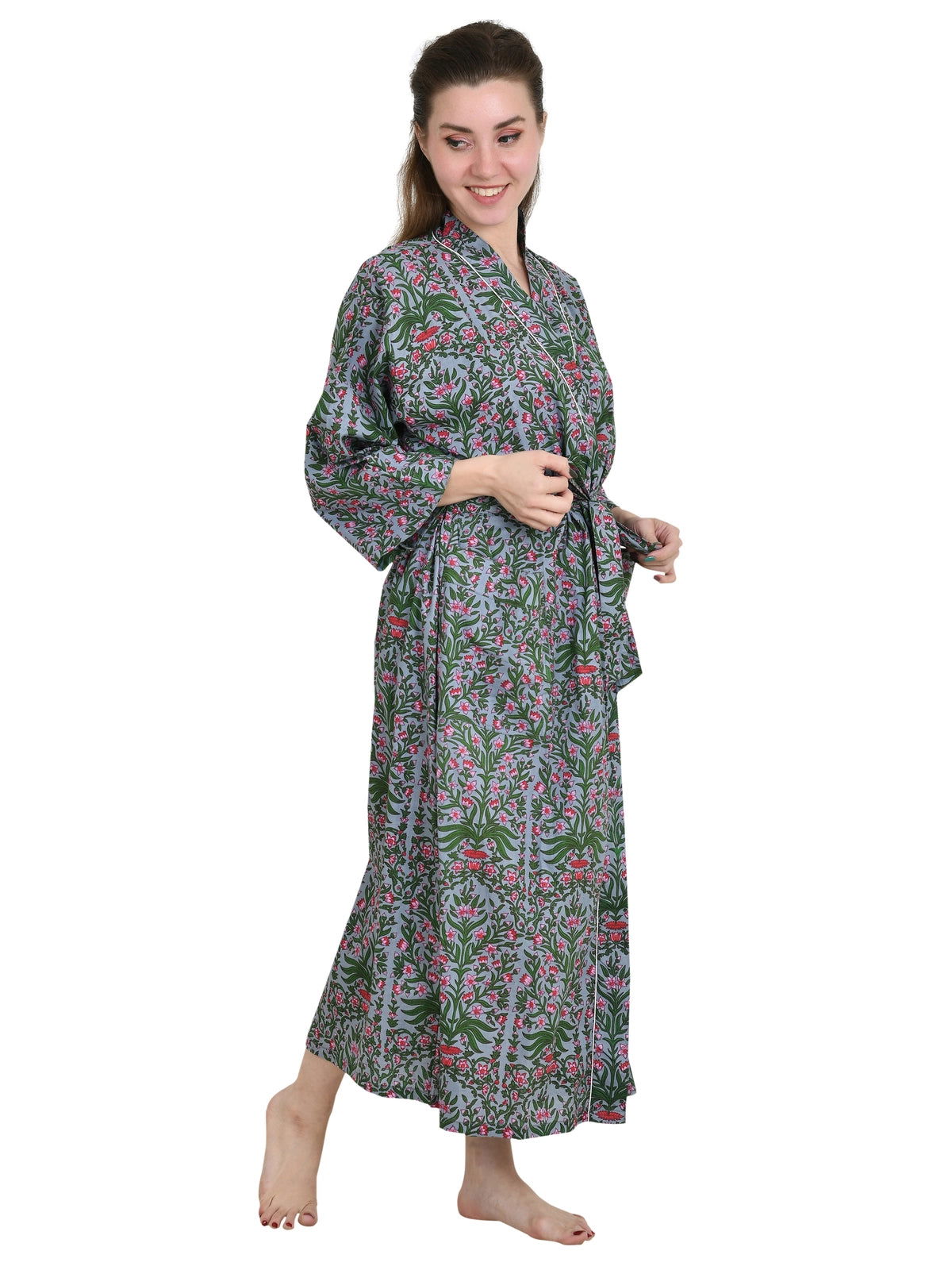 Pure Cotton Handblock Kimono Floral Boho House Bath Robe Spring Summer Fashion Cardigan | Bagru Indigo Print Beach Cover Up Bridesmaid Dressing Gown Gift Her