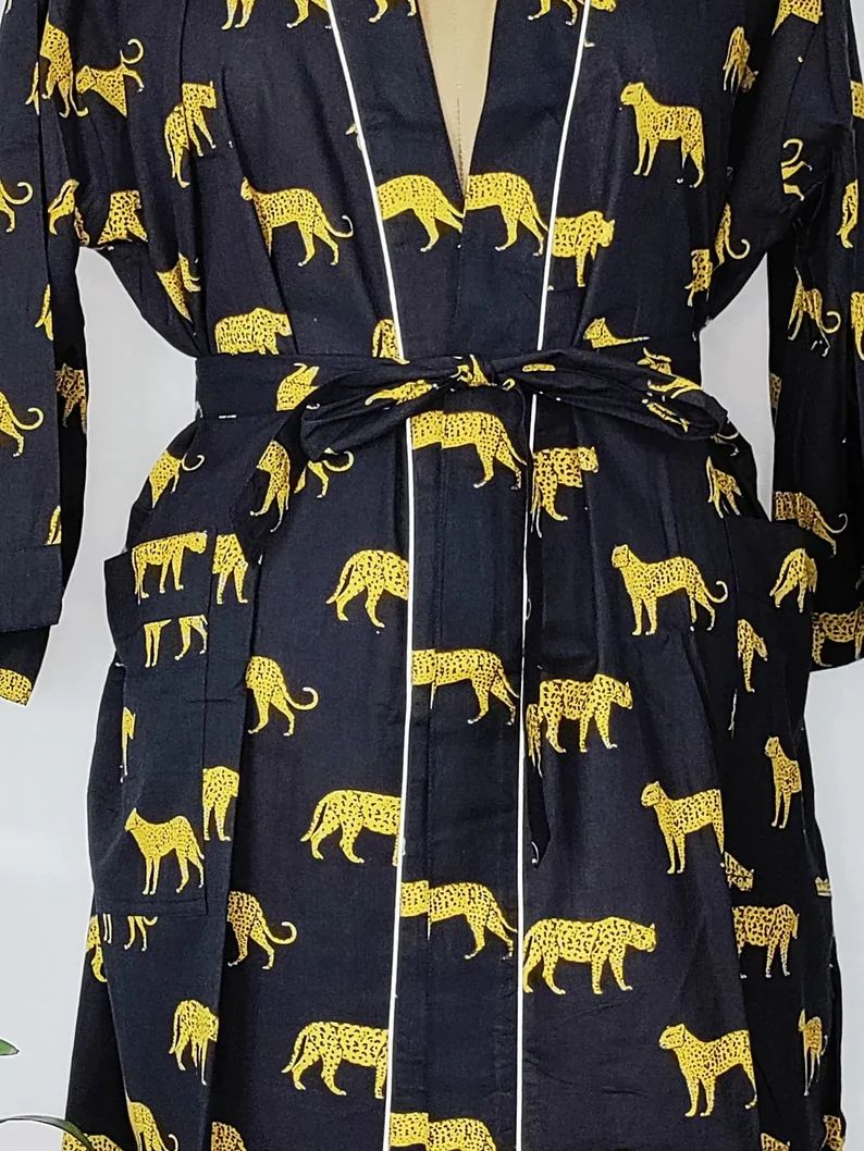 Pure Cotton Handprinted House Robes Summer Kimono Elegant Black Love Yellow Leopard Animal Beach Coverup/Comfy Maternity Mom Gift Her/Sister