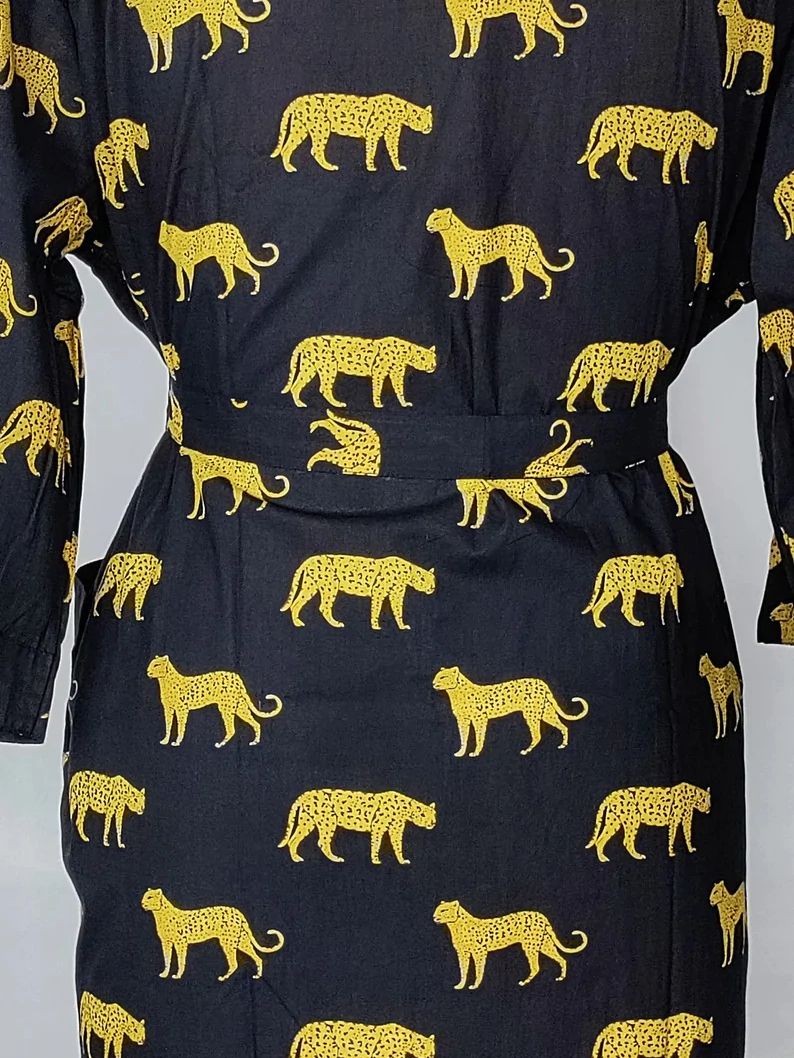 Pure Cotton Handprinted House Robes Summer Kimono Elegant Black Love Yellow Leopard Animal Beach Coverup/Comfy Maternity Mom Gift Her/Sister