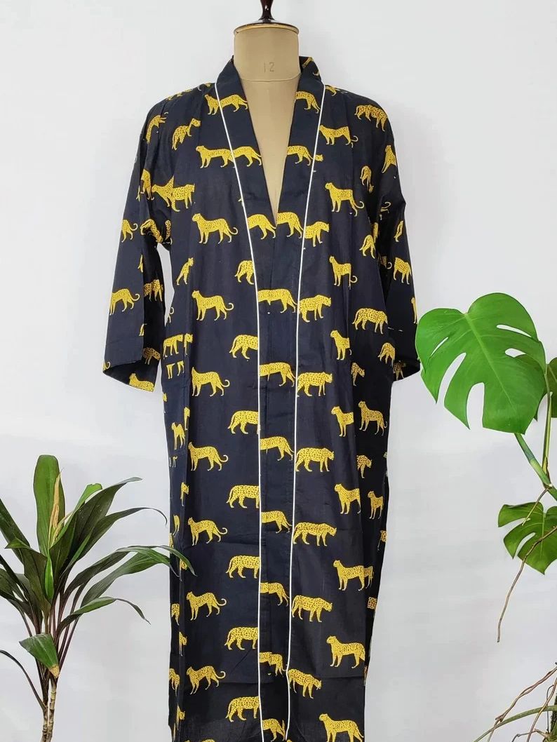 Pure Cotton Handprinted House Robes Summer Kimono Elegant Black Love Yellow Leopard Animal Beach Coverup/Comfy Maternity Mom Gift Her/Sister