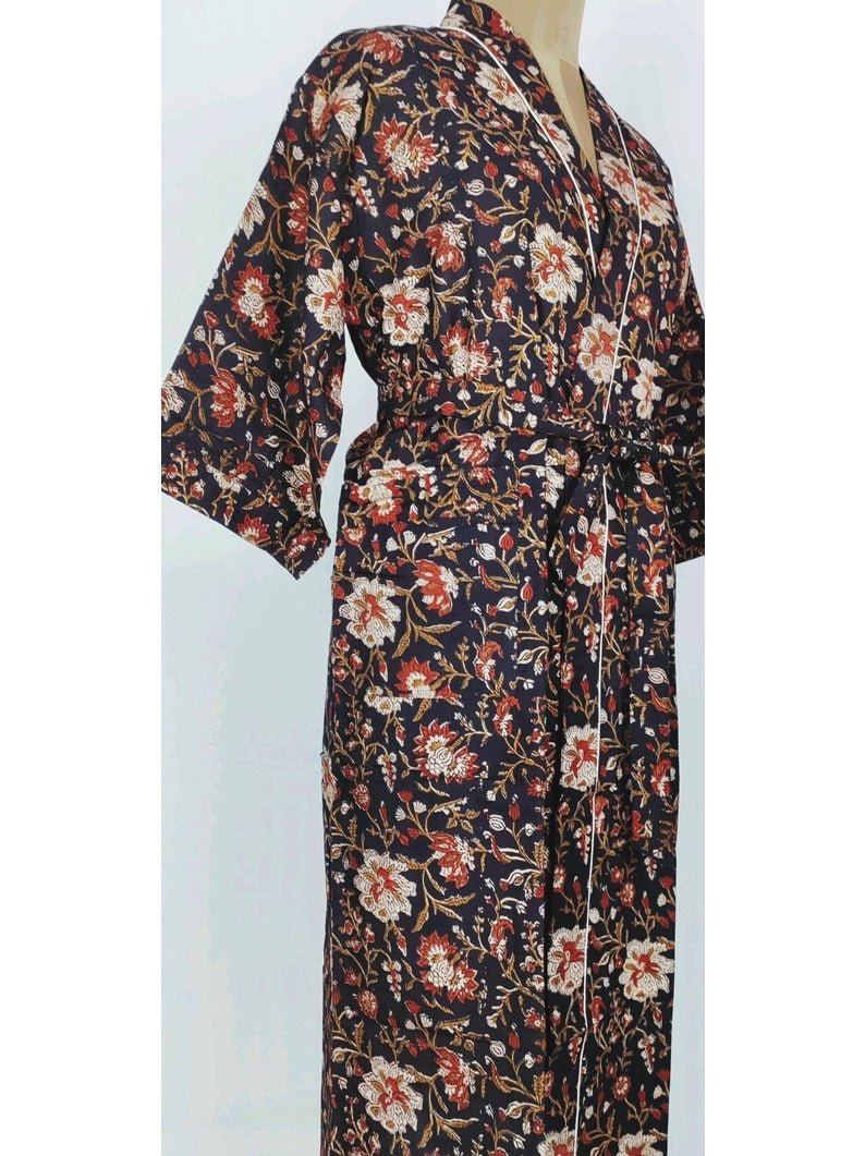 Pure Cotton Indian Block printed House Robe Summer Kimono | Floral Beach Coverup/Comfy Maternity Mom | Black And Beige Floral Print