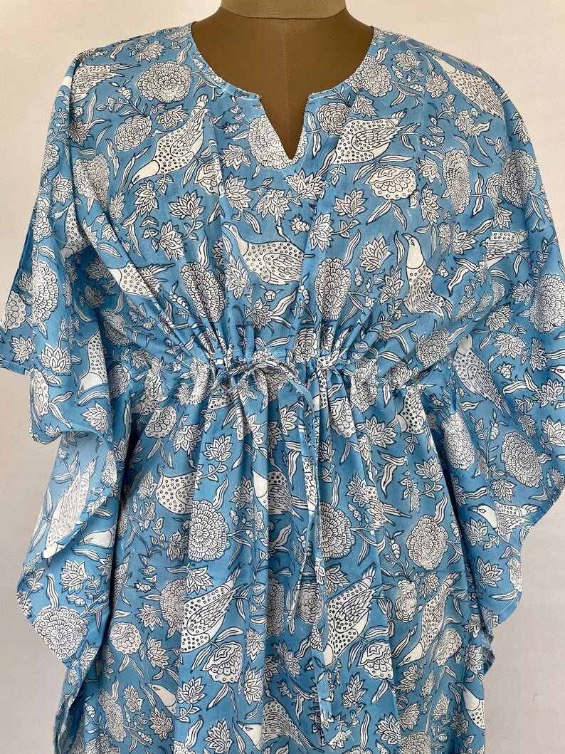 Pure Cotton Kaftan Summer Kimono Indian Block Printed Floral Beach Coverup, Comfy Maternity Mom | Sky Blue Bird White Floral Summer Cloth