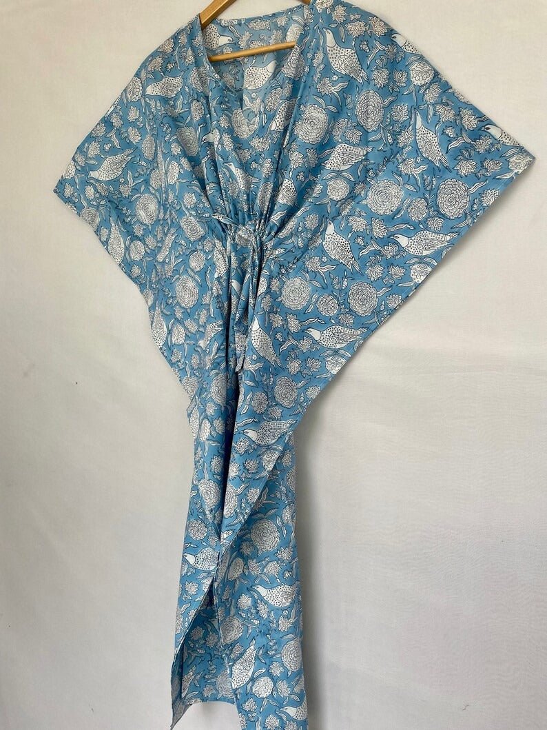 Pure Cotton Kaftan Summer Kimono Indian Block Printed Floral Beach Coverup, Comfy Maternity Mom | Sky Blue Bird White Floral Summer Cloth