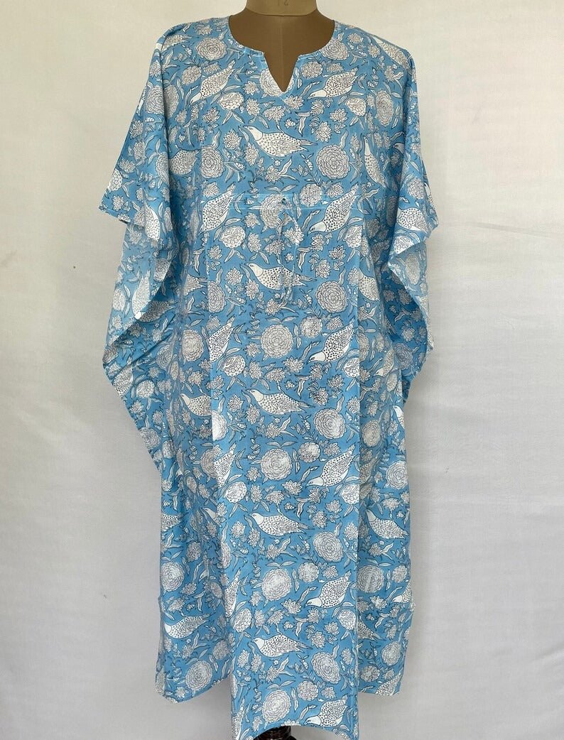 Pure Cotton Kaftan Summer Kimono Indian Block Printed Floral Beach Coverup, Comfy Maternity Mom | Sky Blue Bird White Floral Summer Cloth