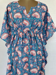 Pure Cotton Kaftan Summer Kimono Indian Block Printed Floral Beach Coverup, Comfy Maternity Mom | Stone Blue Pink Lotus Floral Summer Cloth
