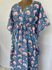 Pure Cotton Kaftan Summer Kimono Indian Block Printed Floral Beach Coverup, Comfy Maternity Mom | Stone Blue Pink Lotus Floral Summer Cloth