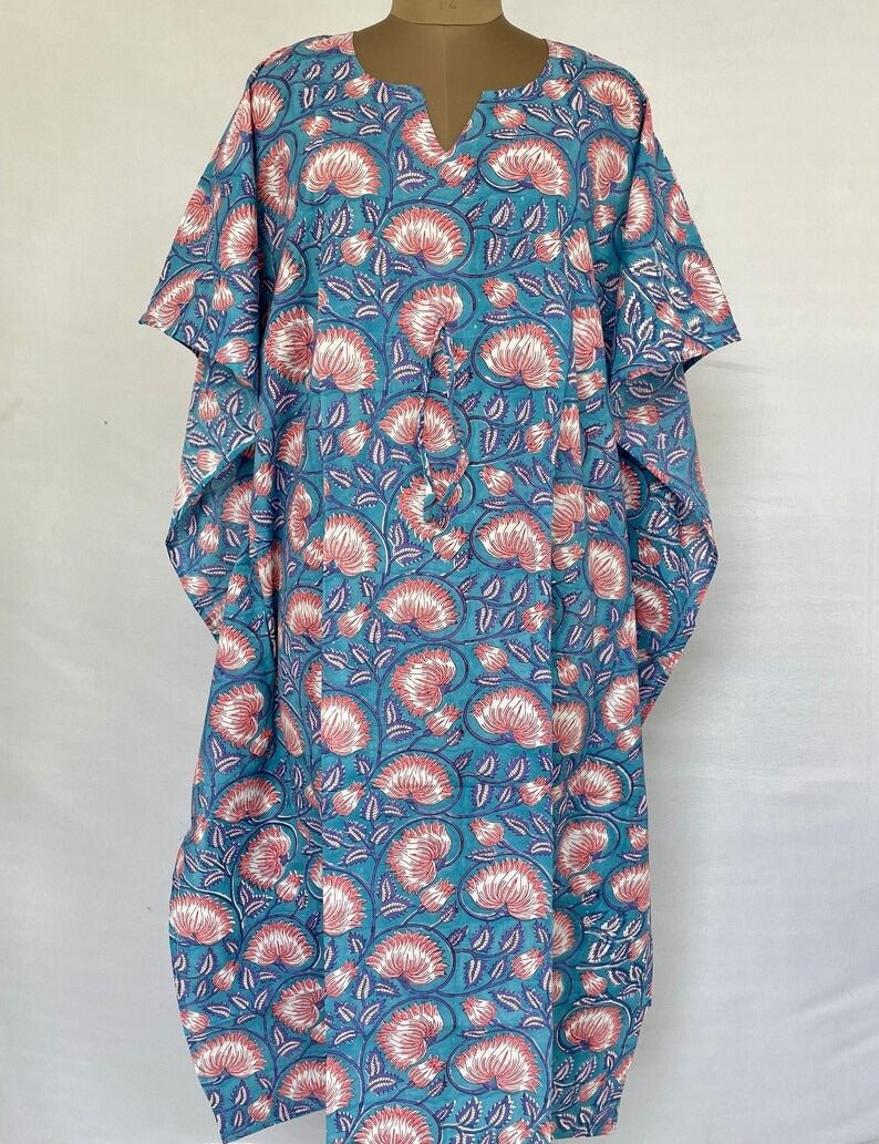 Pure Cotton Kaftan Summer Kimono Indian Block Printed Floral Beach Coverup, Comfy Maternity Mom | Stone Blue Pink Lotus Floral Summer Cloth
