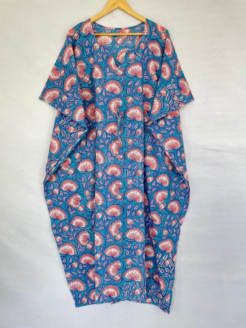 Pure Cotton Kaftan Summer Kimono Indian Block Printed Floral Beach Coverup, Comfy Maternity Mom | Stone Blue Pink Lotus Floral Summer Cloth