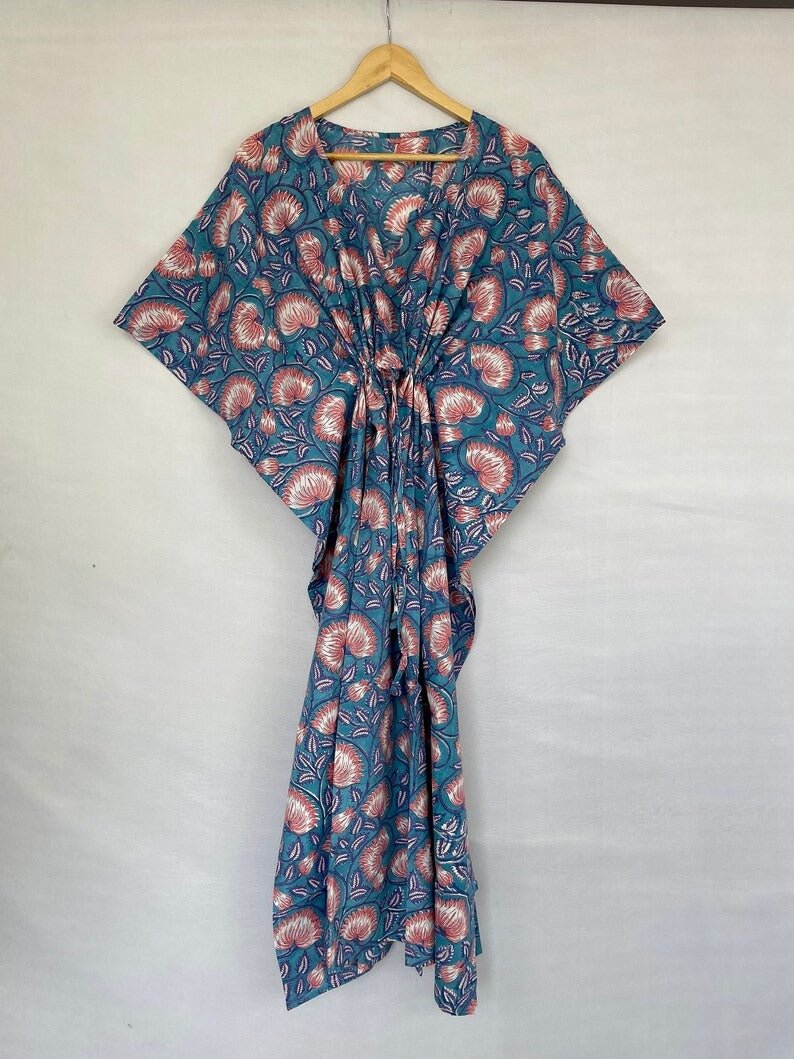 Pure Cotton Kaftan Summer Kimono Indian Block Printed Floral Beach Coverup, Comfy Maternity Mom | Stone Blue Pink Lotus Floral Summer Cloth