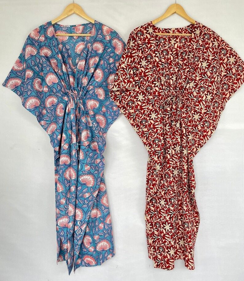 Pure Cotton Kaftan Summer Kimono Indian Block Printed Floral Beach Coverup, Comfy Maternity Mom | Stone Blue Pink Lotus Floral Summer Cloth