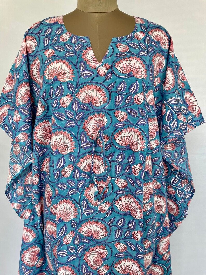 Pure Cotton Kaftan Summer Kimono Indian Block Printed Floral Beach Coverup, Comfy Maternity Mom | Stone Blue Pink Lotus Floral Summer Cloth