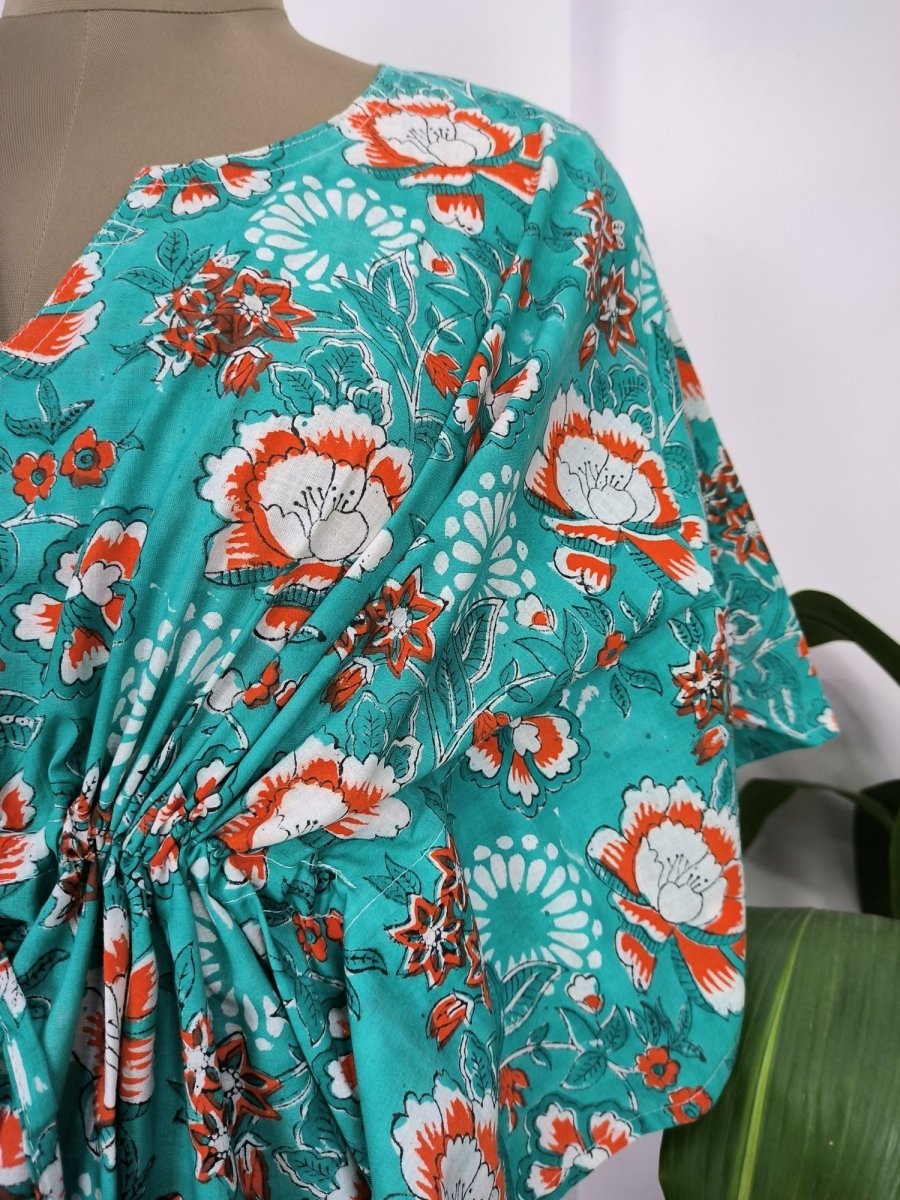Pure Cotton Kaftan Summer Wear Indian Block Printed Floral Beach Coverup, Comfy Maternity Mom | Blue Hues Garden Floral For Her