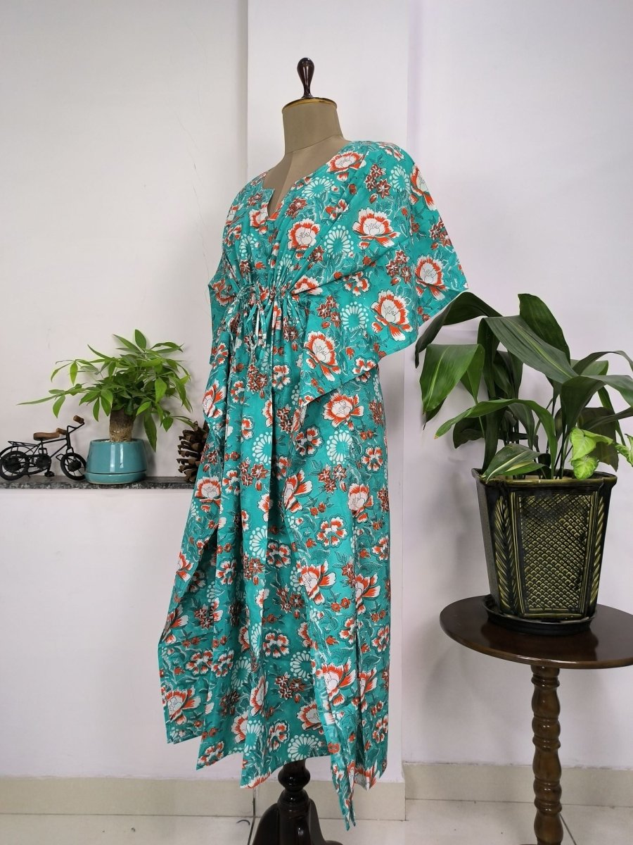 Pure Cotton Kaftan Summer Wear Indian Block Printed Floral Beach Coverup, Comfy Maternity Mom | Blue Hues Garden Floral For Her