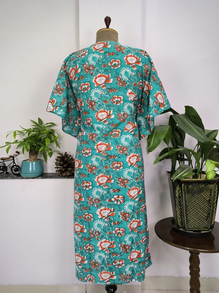 Pure Cotton Kaftan Summer Wear Indian Block Printed Floral Beach Coverup, Comfy Maternity Mom | Blue Hues Garden Floral For Her