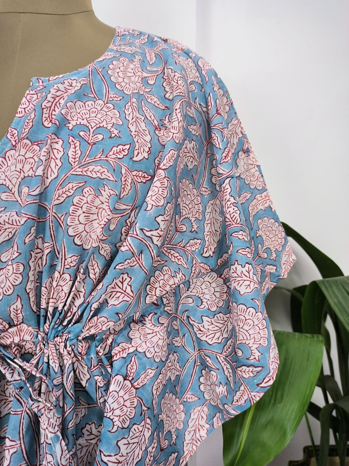 Pure Cotton Kaftan Summer Wear Indian Block Printed Floral Beach Coverup, Comfy Maternity Mom | Steel Grey Garden Floral For Her