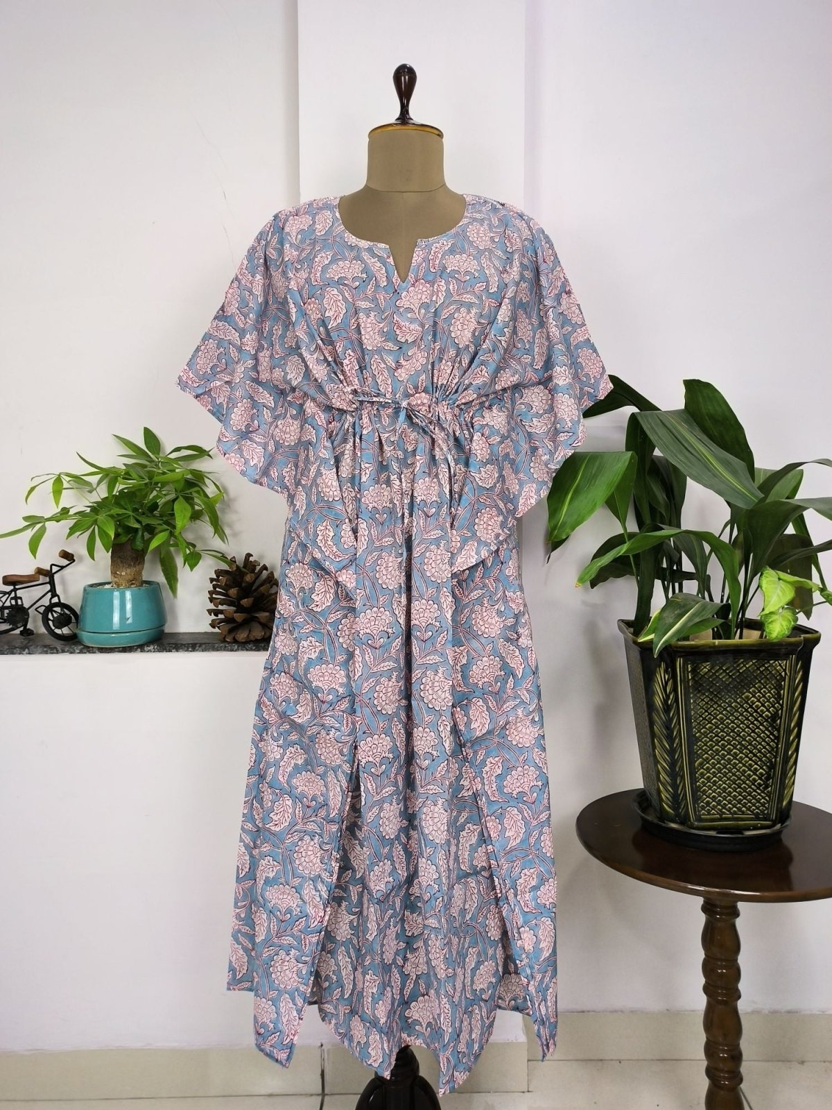Pure Cotton Kaftan Summer Wear Indian Block Printed Floral Beach Coverup, Comfy Maternity Mom | Steel Grey Garden Floral For Her
