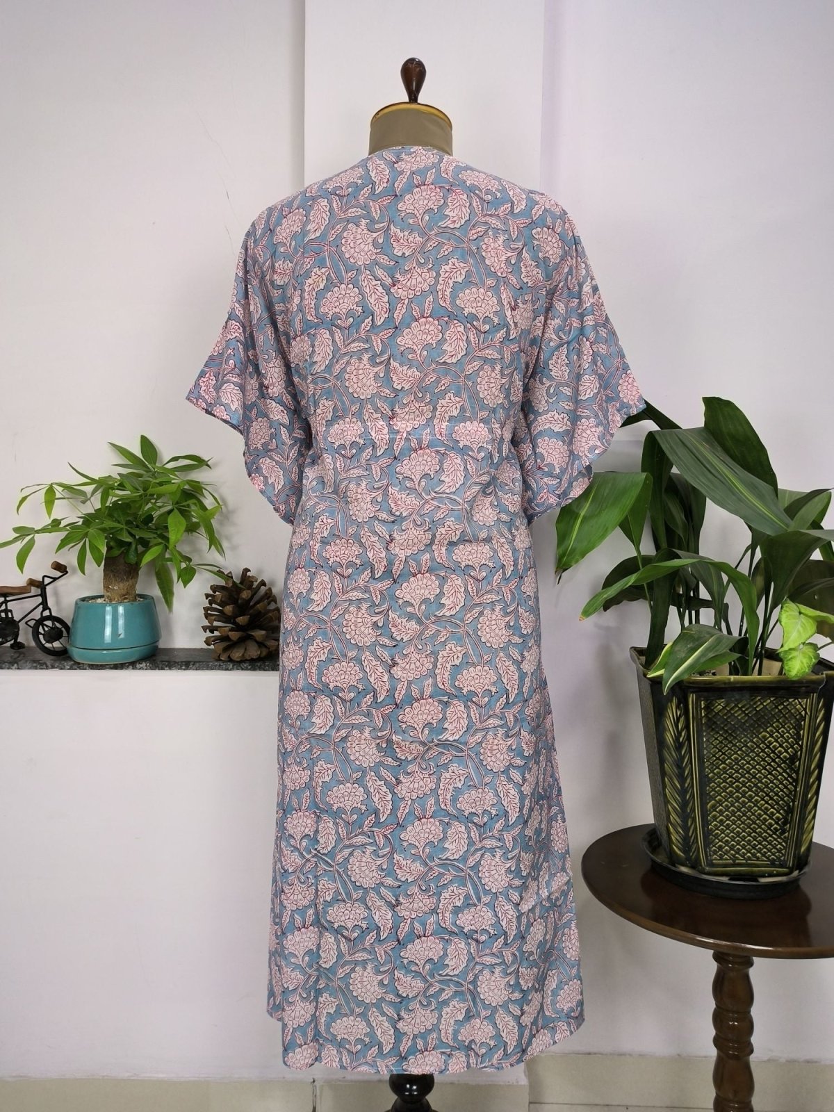 Pure Cotton Kaftan Summer Wear Indian Block Printed Floral Beach Coverup, Comfy Maternity Mom | Steel Grey Garden Floral For Her
