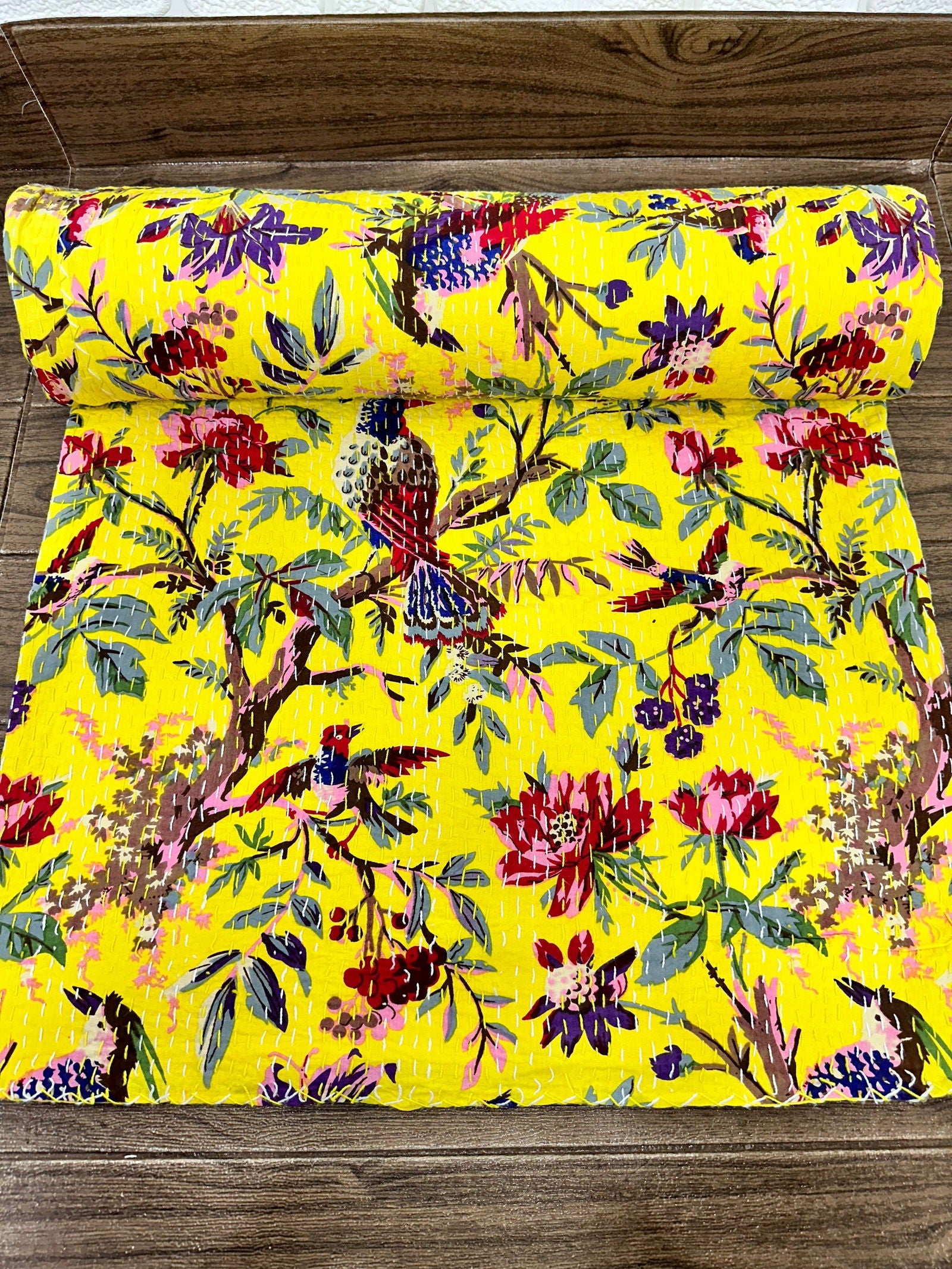 Pure Cotton Kantha Stitch Throw | Indian Hand Block Quilted King Size Bedspread/Sofa Cover Home Decor | Bird Reversible Print Yellow