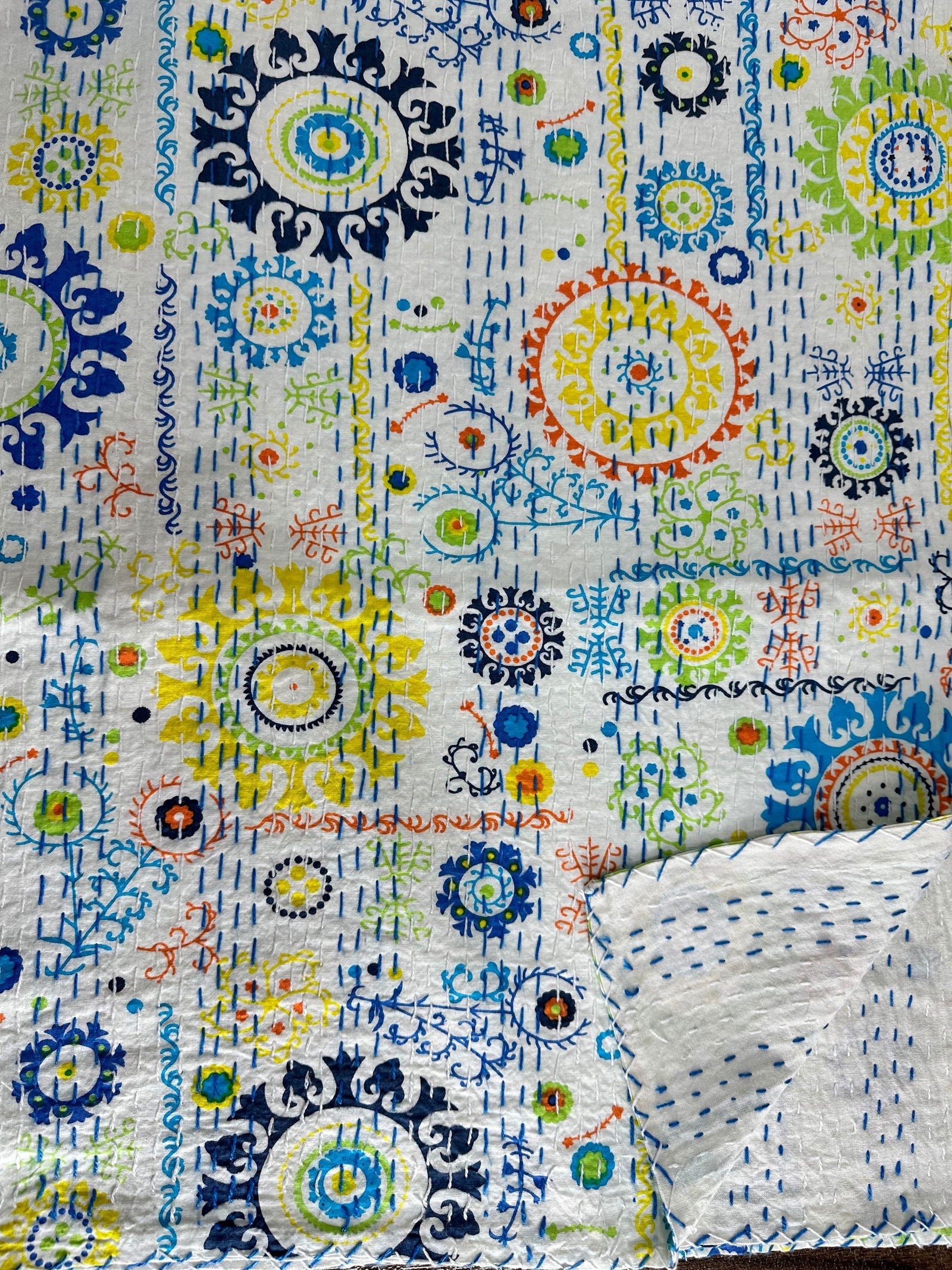 Pure Cotton Kantha Stitch Throw | Indian Hand Block Quilted King Size Bedspread/Sofa Cover Home Decor | Floral Reversible